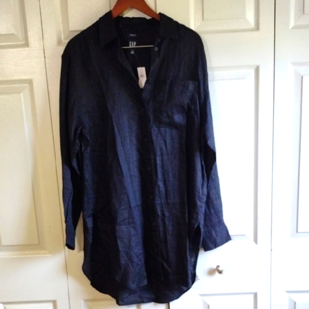 Gap Weekend Tunic 100 Linen Button Up Dress Small Tall Long Sleeve
